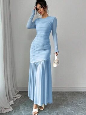 Amazon Light Blue Long Sleeve Ruched Maxi Dress